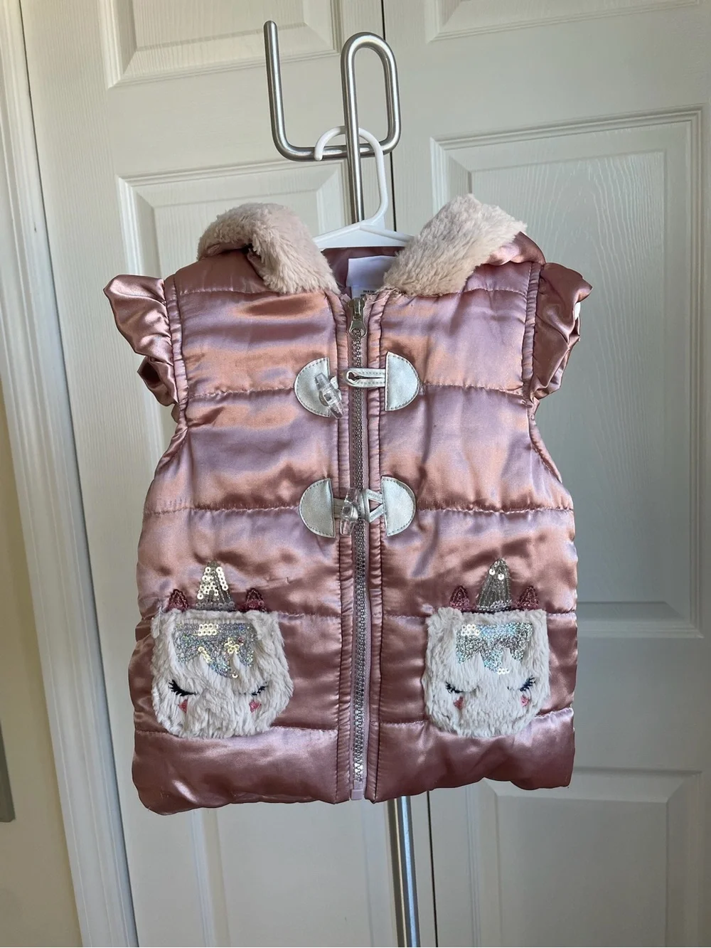 Girls Satin Puffer Vest with Faux Fur Unicorn Hood - Rose Pink, shirt & jeans